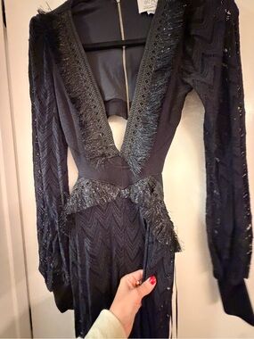 Patbo Black Deep V Fringe Knit Dress
